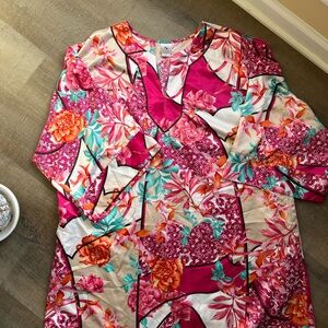 Natori pink floral silky caftan women’s 1X wide sleeve